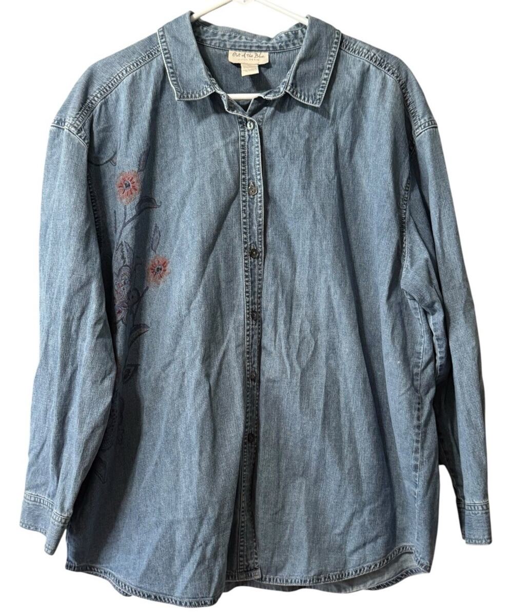Out of the Blue J. Jill Denim Embroidered Button Down Shirt Women Sz XL Cotton